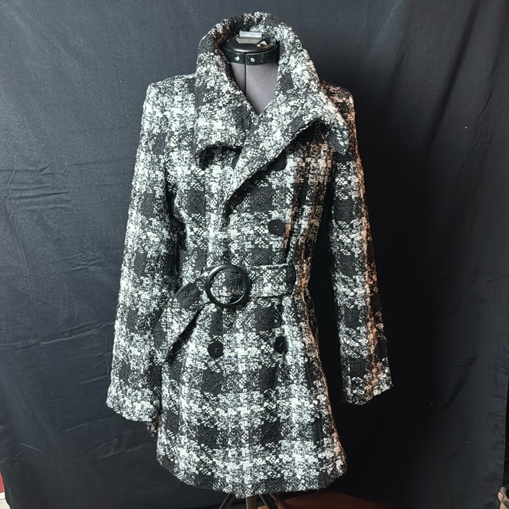 Pura Vida Black & White Plaid Teddy Coat with Belt